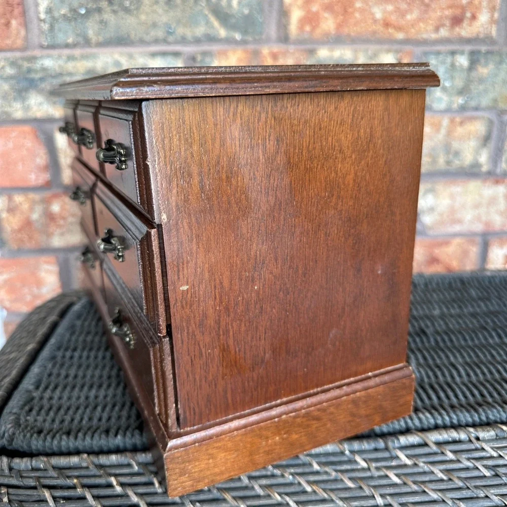 Vintage Wood Jewelry Box Armoire 5 Drawer Mirror Top Chest Dark Brown Finish